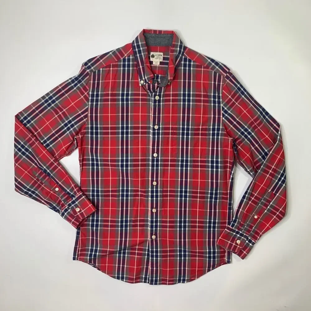 J Crew Shirt Mens S Small Red Cotton Washed Tartan Plaid Button Up Long Sleeve